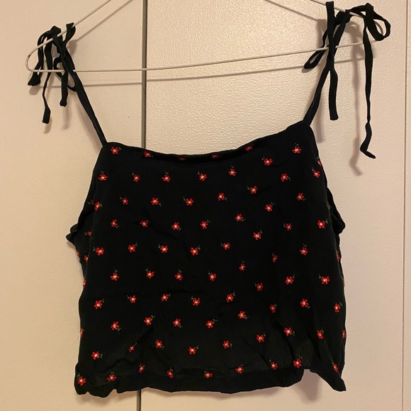 Brandy Melville cropped black tank with flowers and tie straps